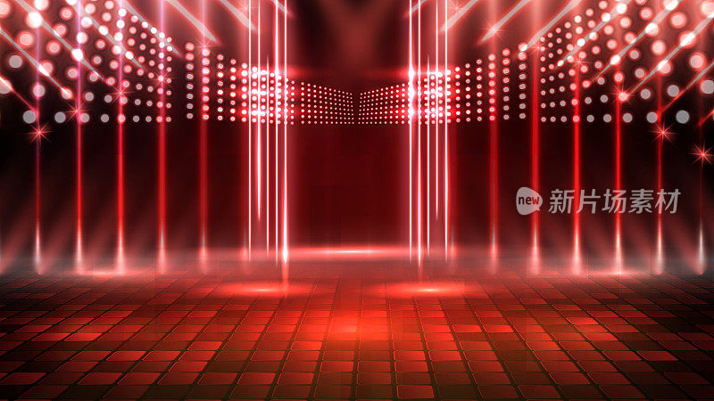 abstract futuristic background of red empty stage and neon lighting spotlgiht stage background